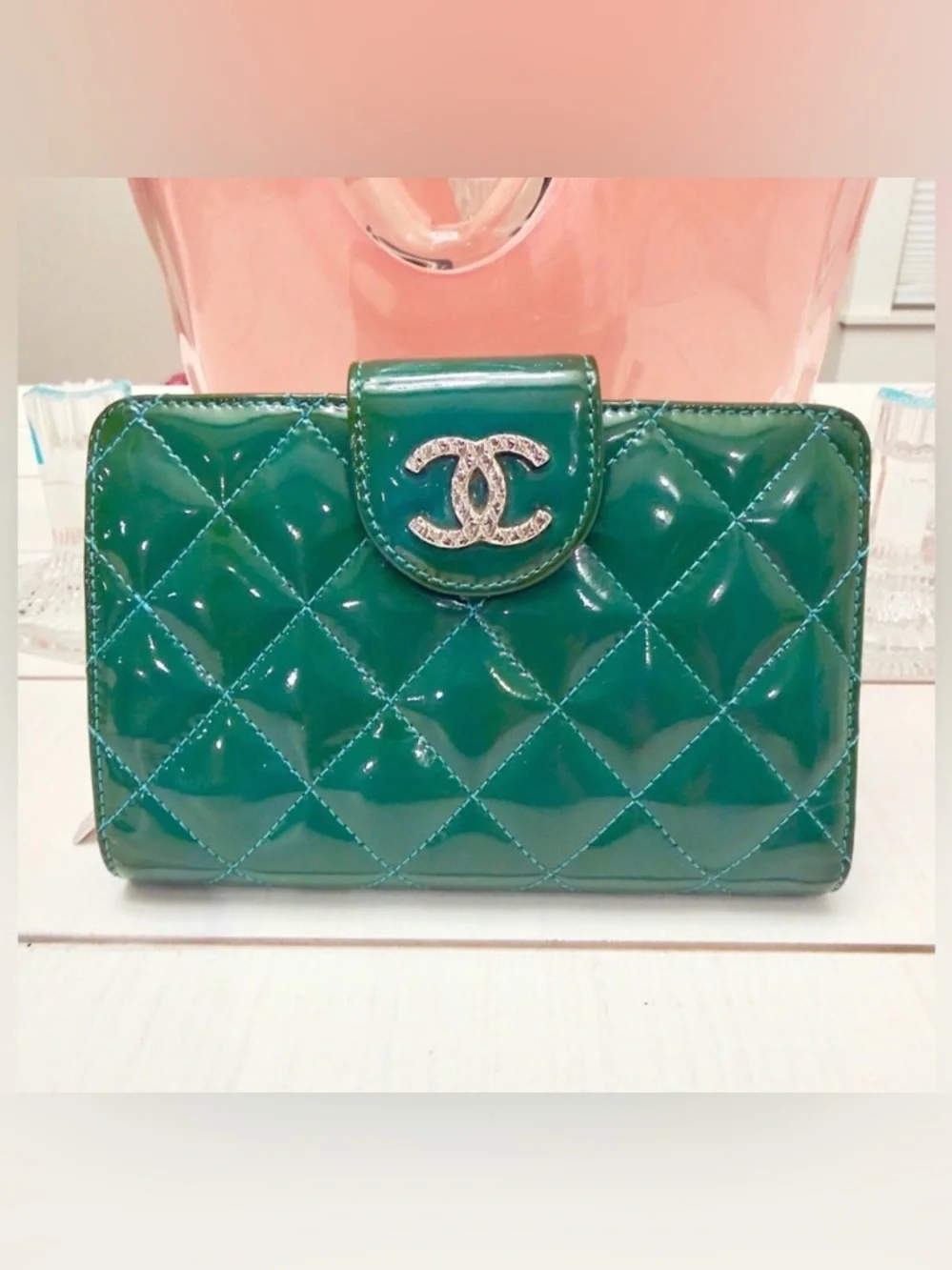 Chanel Green Patent Leather Blue Lambskin Wallet